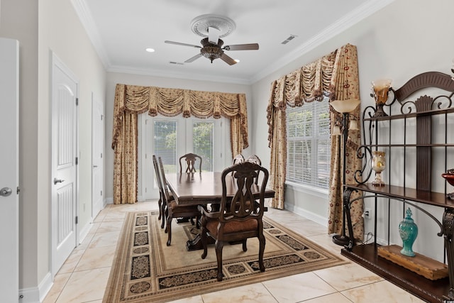 5628 Marion Cir, Myrtle Beach, SC 29577 - dining room with ornamental molding, ceiling fan, french doors, and baseboards