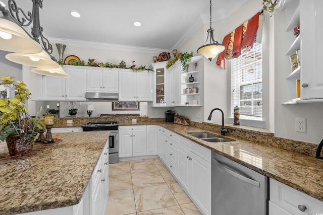 5628 Marion Cir, Myrtle Beach, SC 29577 - kitchen with appliances with stainless steel finishes, a sink, open shelves, under cabinet range hood, and ornamental molding