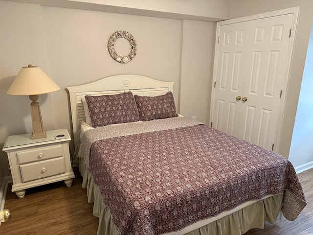 bedroom featuring dark wood-type flooring and a closet