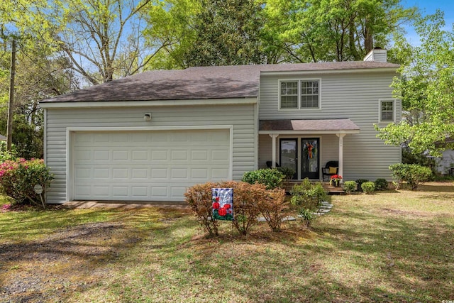 1213 Oak St, Conway, SC 29526 - traditional-style home with roof with shingles, a chimney, driveway, a front yard, and a garage