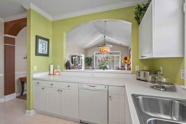 kitchen with dishwasher, arched walkways, light countertops, white cabinets, and lofted ceiling