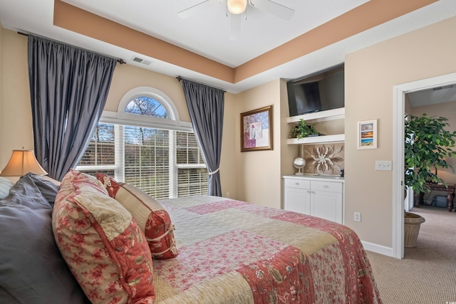 bedroom featuring carpet, baseboards, and ceiling fan