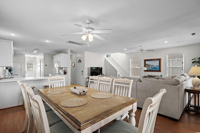 213-A 16th Ave S, Surfside Beach, SC 29575 - dining room featuring visible vents, recessed lighting, ceiling fan, and dark wood-style floors
