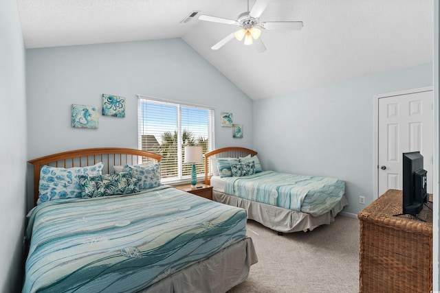 213-A 16th Ave S, Surfside Beach, SC 29575 - bedroom with visible vents, carpet flooring, a ceiling fan, and vaulted ceiling