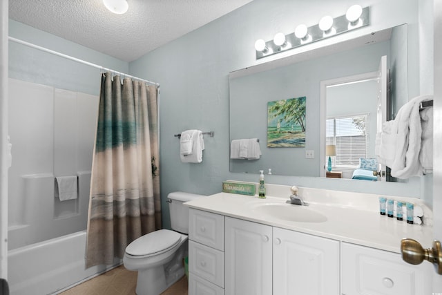 213-A 16th Ave S, Surfside Beach, SC 29575 - bathroom featuring vanity, a textured ceiling, shower / bathtub combination with curtain, and toilet