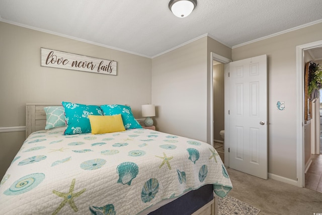 carpeted bedroom with a textured ceiling, baseboards, and ornamental molding