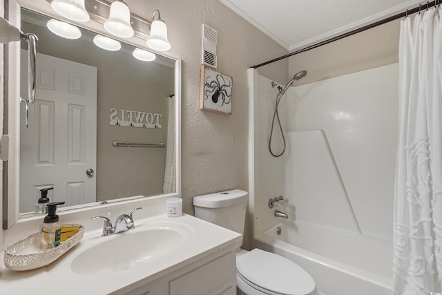 bathroom featuring crown molding, vanity, toilet, shower / tub combo, and a textured wall