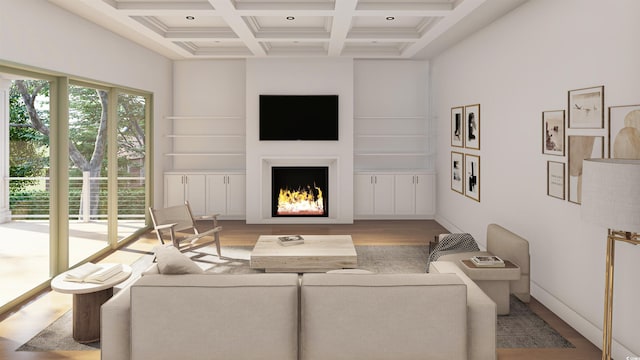914 Perrin Dr, North Myrtle Beach, SC 29582 - living area with coffered ceiling, wood finished floors, beam ceiling, a lit fireplace, and baseboards