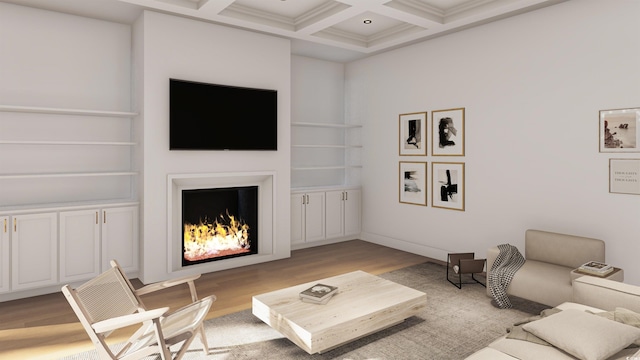 914 Perrin Dr, North Myrtle Beach, SC 29582 - living area featuring wood finished floors, beam ceiling, coffered ceiling, and a warm lit fireplace