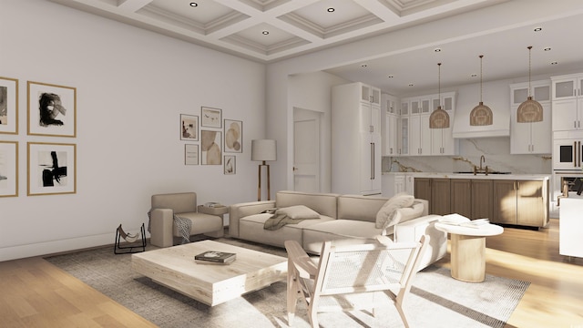 914 Perrin Dr, North Myrtle Beach, SC 29582 - living area with light wood-type flooring, a towering ceiling, beam ceiling, coffered ceiling, and recessed lighting