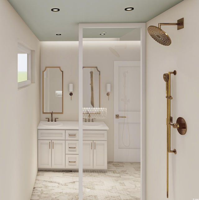 914 Perrin Dr, North Myrtle Beach, SC 29582 - bathroom with marble look tiles, double vanity, and recessed lighting