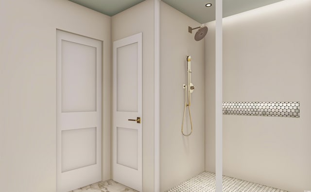 914 Perrin Dr, North Myrtle Beach, SC 29582 - bathroom featuring a shower, marble look tiles, and recessed lighting