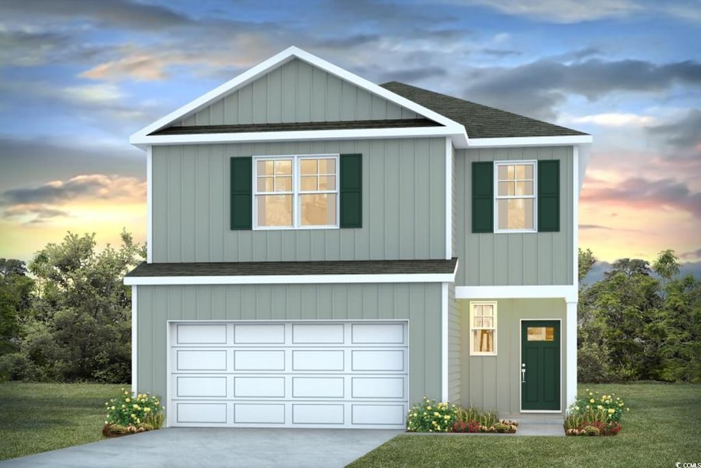 view of front facade featuring a shingled roof, a garage, concrete driveway, and a front yard