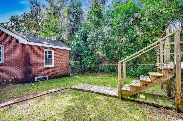 view of yard featuring a fenced backyard and a wooden deck