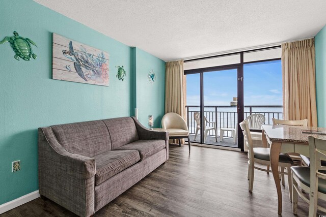 1501 S Ocean Blvd Unit 845, Myrtle Beach, SC 29577 - living room with a textured ceiling, wood finished floors, floor to ceiling windows, and baseboards