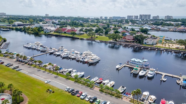 aerial view featuring a water view and a city view