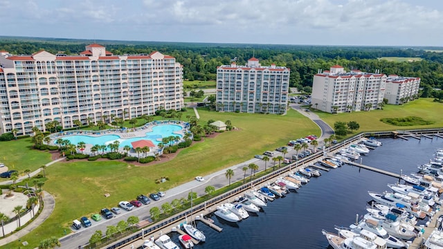drone / aerial view featuring a water view