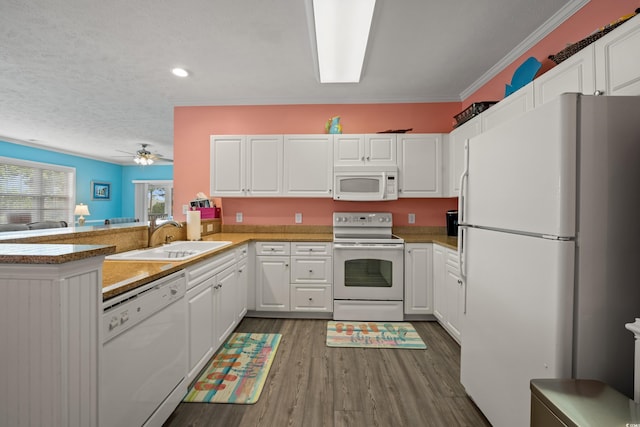 kitchen featuring a sink, white appliances, and white cabinets