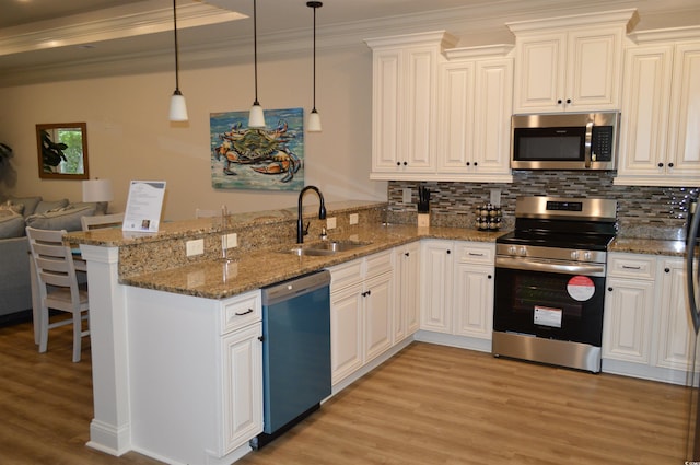 kitchen with stainless steel appliances, a sink, a peninsula, light wood finished floors, and ornamental molding