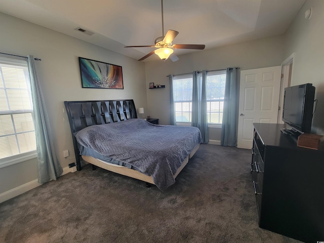 7473 Louisville Rd, Aynor, SC 29511 - bedroom featuring visible vents, dark colored carpet, a ceiling fan, and baseboards
