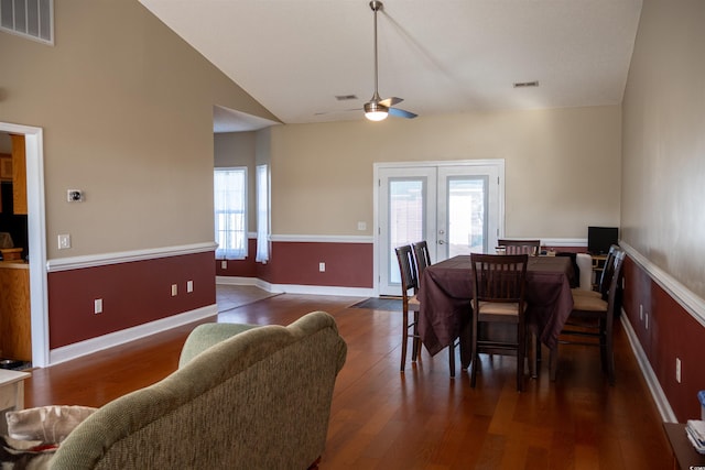 7473 Louisville Rd, Aynor, SC 29511 - dining space with dark wood-type flooring, lofted ceiling, visible vents, and ceiling fan