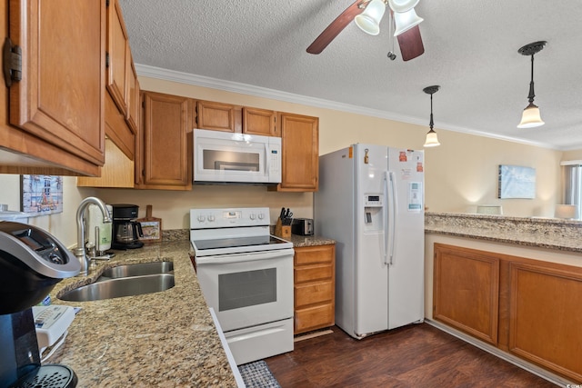 9600 Shore Dr Unit A-207, Myrtle Beach, SC 29572 - kitchen with white appliances, a sink, crown molding, dark wood-type flooring, and brown cabinetry