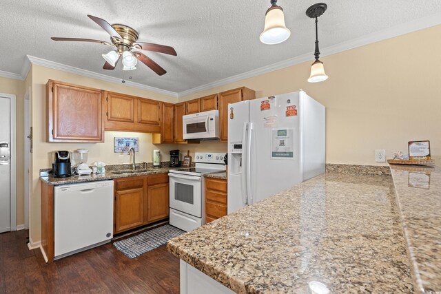 9600 Shore Dr Unit A-207, Myrtle Beach, SC 29572 - kitchen featuring white appliances, a sink, a ceiling fan, crown molding, and dark wood-type flooring