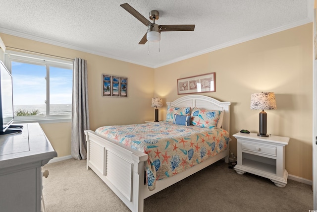 9600 Shore Dr Unit A-207, Myrtle Beach, SC 29572 - bedroom featuring light colored carpet, a textured ceiling, ornamental molding, baseboards, and a ceiling fan
