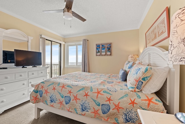 9600 Shore Dr Unit A-207, Myrtle Beach, SC 29572 - bedroom with access to outside, a textured ceiling, ornamental molding, carpet flooring, and ceiling fan