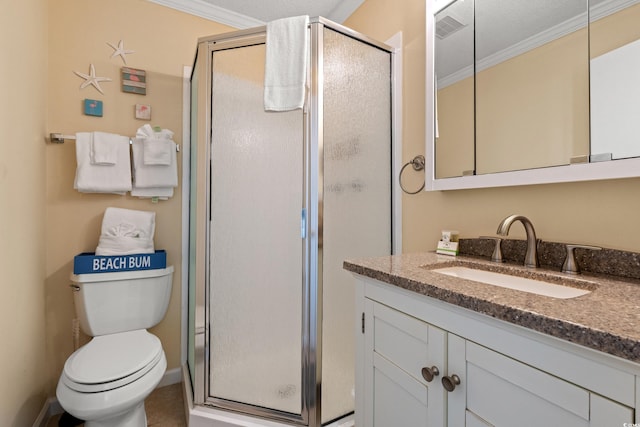 9600 Shore Dr Unit A-207, Myrtle Beach, SC 29572 - bathroom featuring crown molding, vanity, a stall shower, and toilet