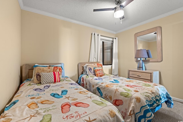 9600 Shore Dr Unit A-207, Myrtle Beach, SC 29572 - carpeted bedroom with ornamental molding, a textured ceiling, ceiling fan, and baseboards