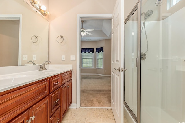 406 Pritchard St, Myrtle Beach, SC 29588 - full bath with ceiling fan, a sink, double vanity, baseboards, and a shower stall