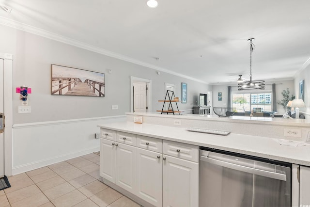 4861 Luster Leaf Cir Unit 104, Myrtle Beach, SC 29577 - kitchen featuring dishwasher, crown molding, white cabinets, open floor plan, and light countertops