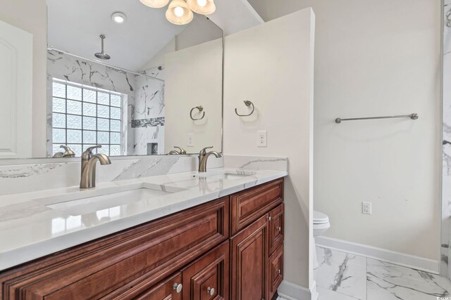 601 Seth Ln, Longs, SC 29568 - bathroom with marble look tile flooring, double vanity, a marble finish shower, toilet, and lofted ceiling