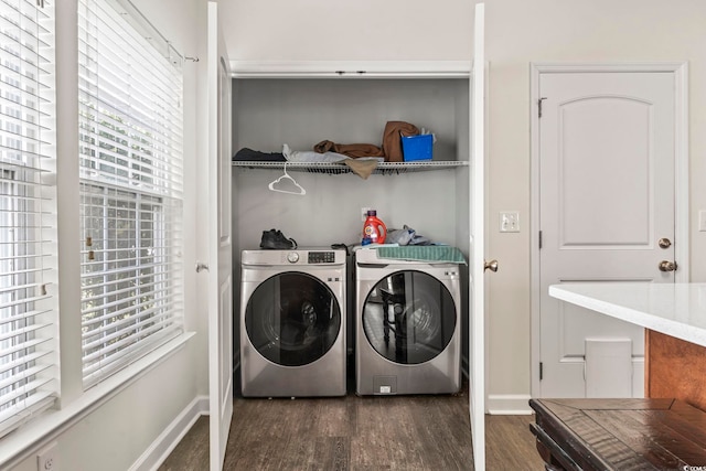 601 Seth Ln, Longs, SC 29568 - washroom featuring washing machine and dryer, dark wood-style flooring, plenty of natural light, and baseboards