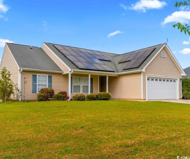 601 Seth Ln, Longs, SC 29568 - single story home featuring a garage, solar panels, and a front lawn