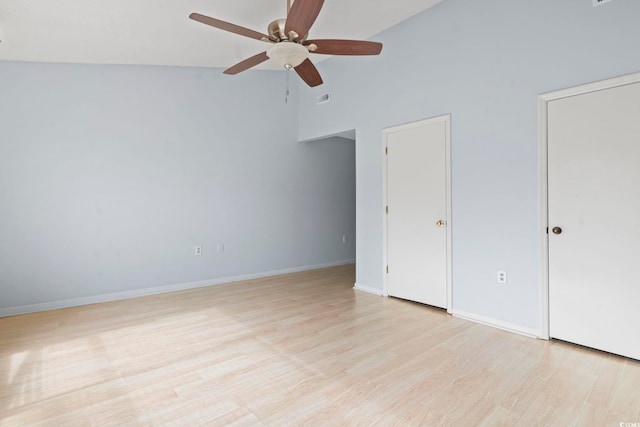 unfurnished bedroom featuring high vaulted ceiling, light wood finished floors, baseboards, and visible vents