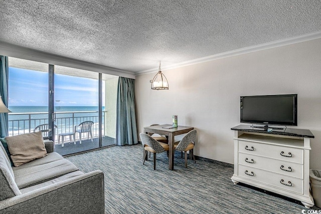 1105 S Ocean Blvd Unit 502, Myrtle Beach, SC 29577 - living area featuring a textured ceiling, a water view, crown molding, and a wall of windows