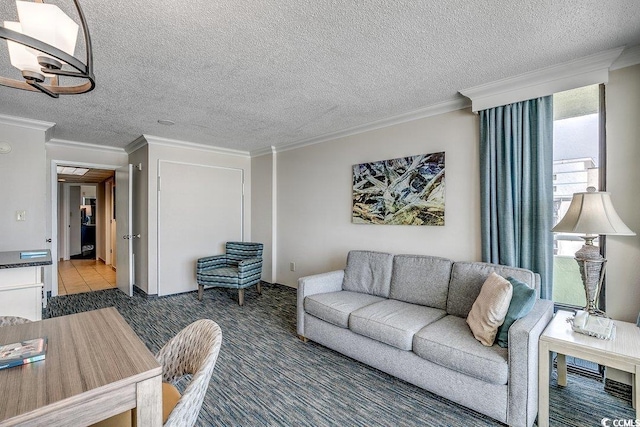 1105 S Ocean Blvd Unit 502, Myrtle Beach, SC 29577 - living room featuring crown molding, carpet floors, and a textured ceiling