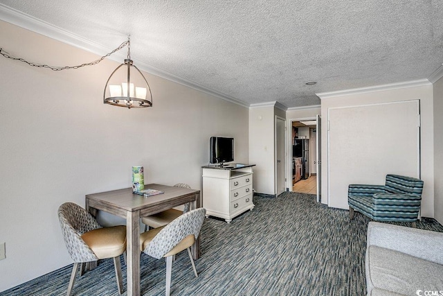 1105 S Ocean Blvd Unit 502, Myrtle Beach, SC 29577 - dining area with ornamental molding, dark colored carpet, and a textured ceiling
