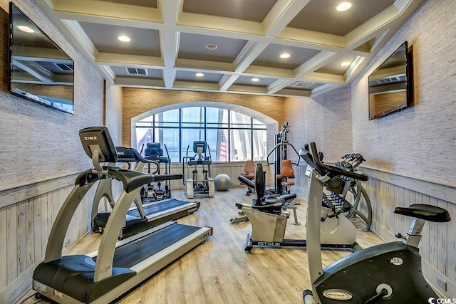 1105 S Ocean Blvd Unit 502, Myrtle Beach, SC 29577 - exercise room featuring coffered ceiling, wood finished floors, beamed ceiling, recessed lighting, and wainscoting