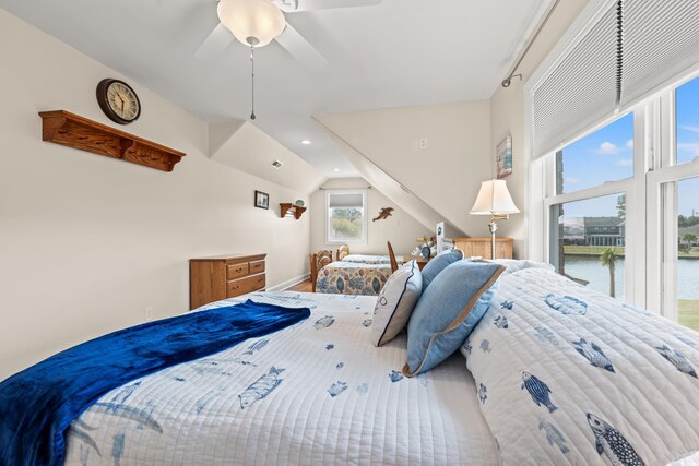 2039 Woodburn Dr, Myrtle Beach, SC 29579 - bedroom featuring a water view, a ceiling fan, and vaulted ceiling