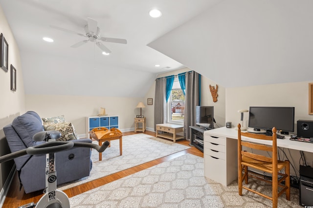 2039 Woodburn Dr, Myrtle Beach, SC 29579 - office space with light wood finished floors, vaulted ceiling, ceiling fan, baseboards, and recessed lighting