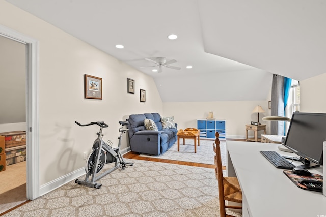 2039 Woodburn Dr, Myrtle Beach, SC 29579 - office area with ceiling fan, recessed lighting, baseboards, vaulted ceiling, and carpet
