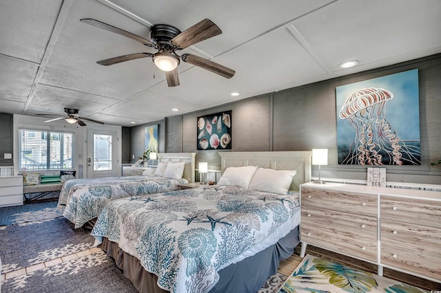 bedroom with recessed lighting, access to exterior, and ceiling fan
