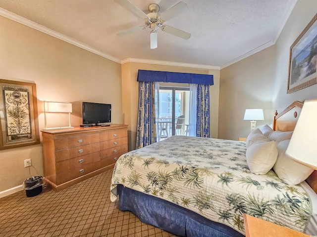 carpeted bedroom featuring ornamental molding, access to exterior, ceiling fan, and baseboards