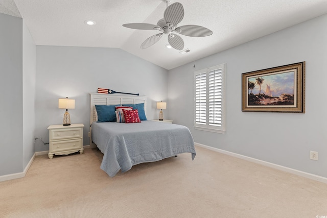 bedroom featuring ceiling fan, vaulted ceiling, recessed lighting, light carpet, and baseboards