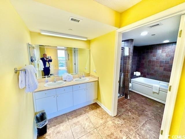 bathroom with visible vents, a sink, a shower stall, and double vanity