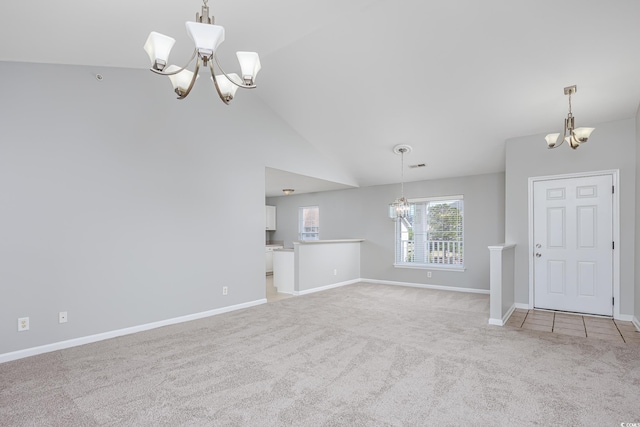 117 Butkus Dr Unit 5, Myrtle Beach, SC 29588 - unfurnished living room with a chandelier, light colored carpet, baseboards, and vaulted ceiling