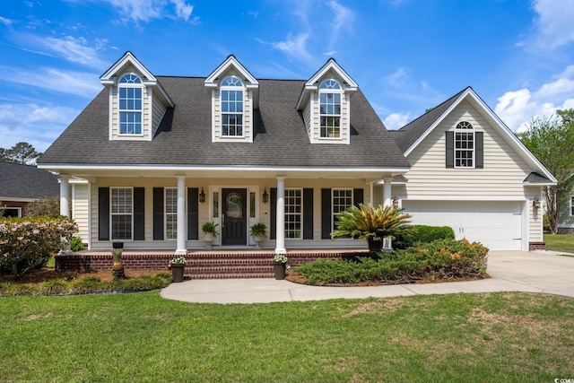 cape cod-style house featuring a front lawn, a shingled roof, covered porch, and concrete driveway